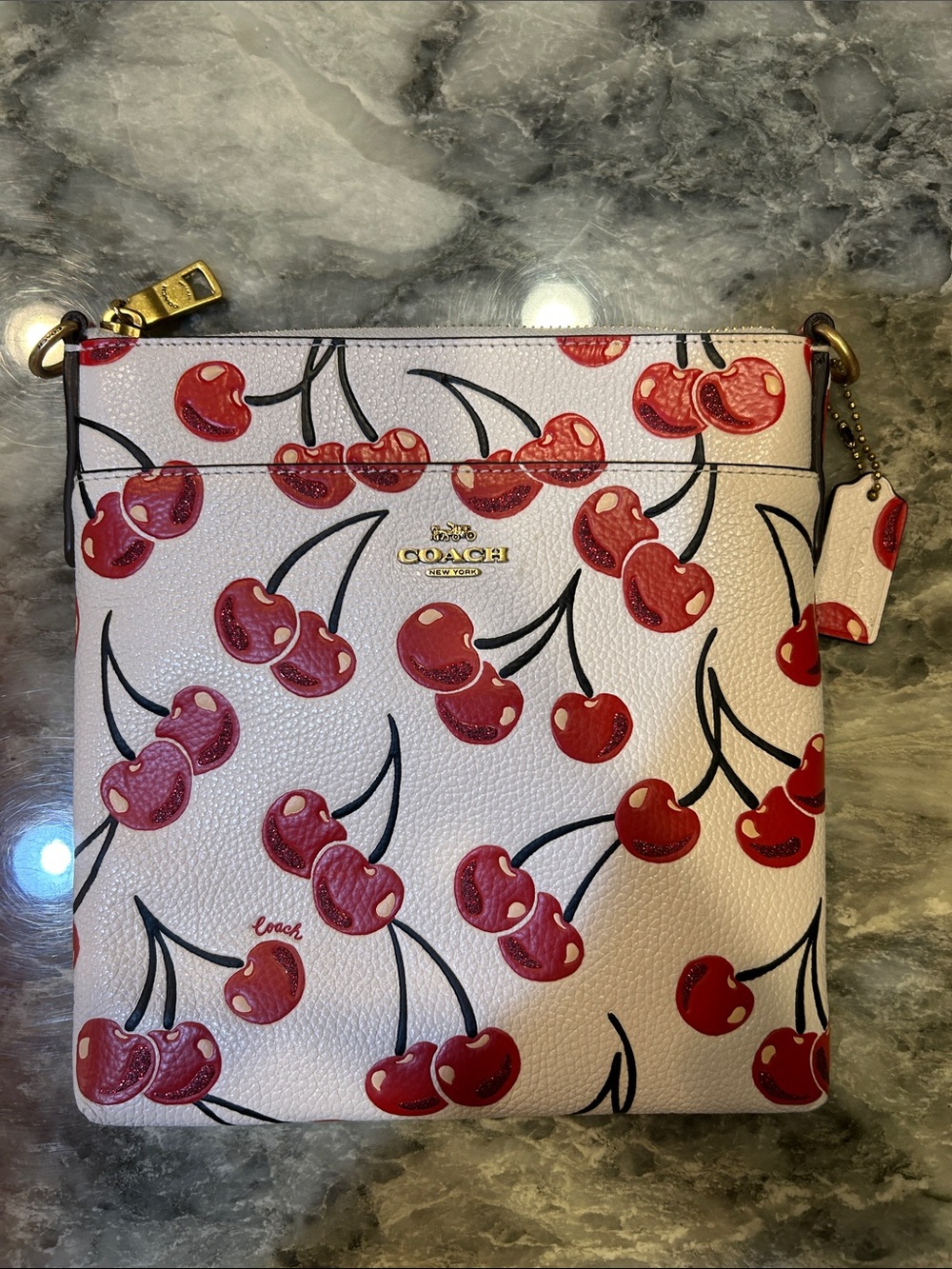 COACH White Cherry-Print Crossbody with Gold Hardware